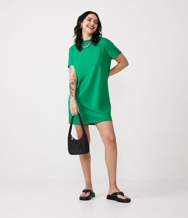 Vestido Corto Básico en Algodón con Pequeño Bolsillo Frontal Verde 2