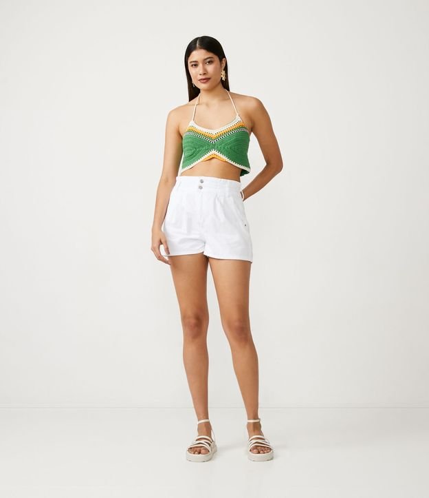Short Baggy en Sarga con Cintura Elástica y Pliegues Blanco 1