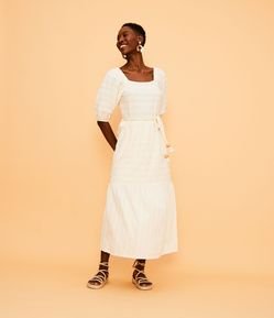 Vestido Midi em Algodão com Cinto Corda e Textura