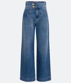Calça Wide Leg Jeans com Abotoamento Duplo e Barra Larga
