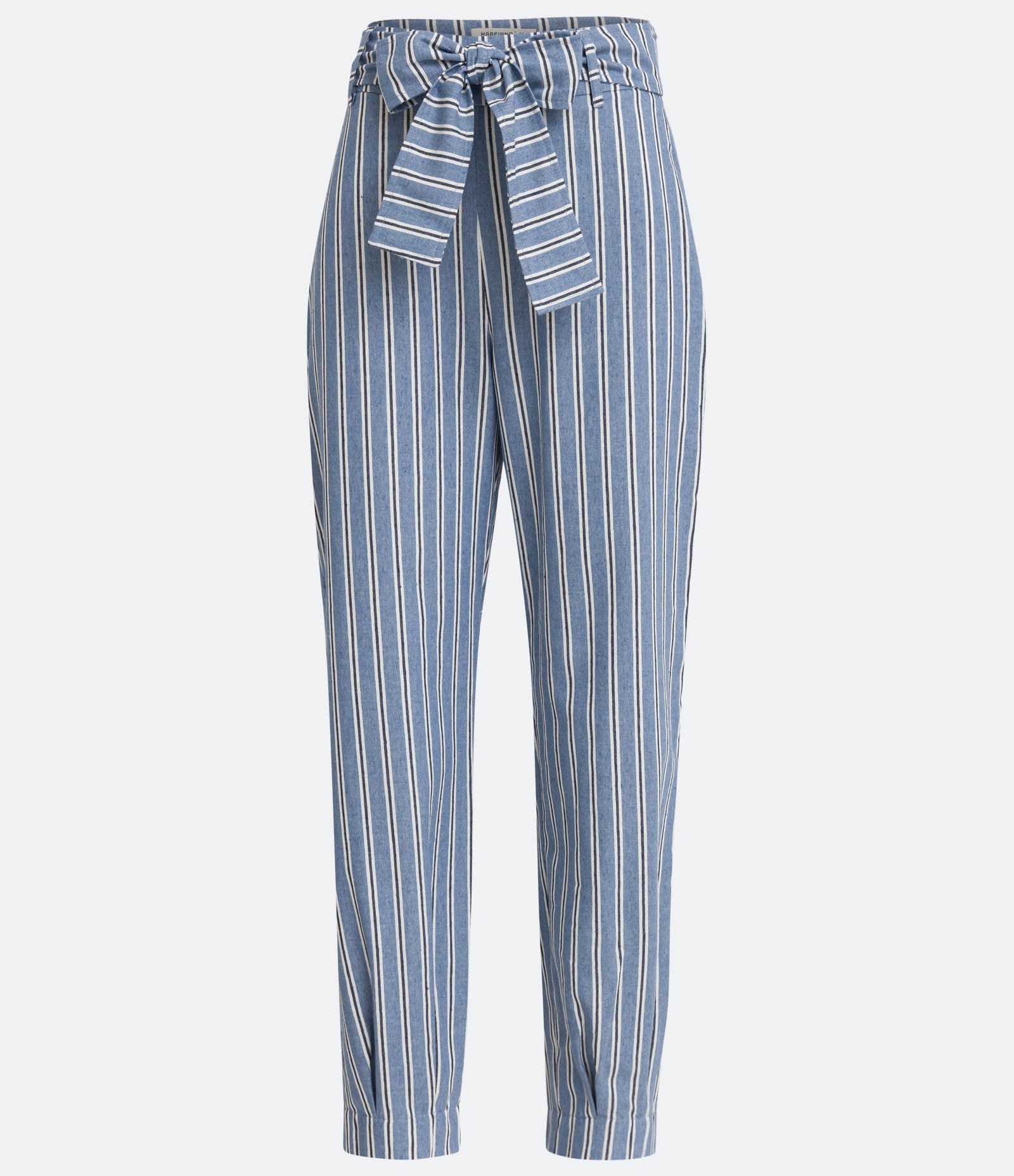 Calça Reta com Amarração na Cintura e Estampa Listrada Azul 5