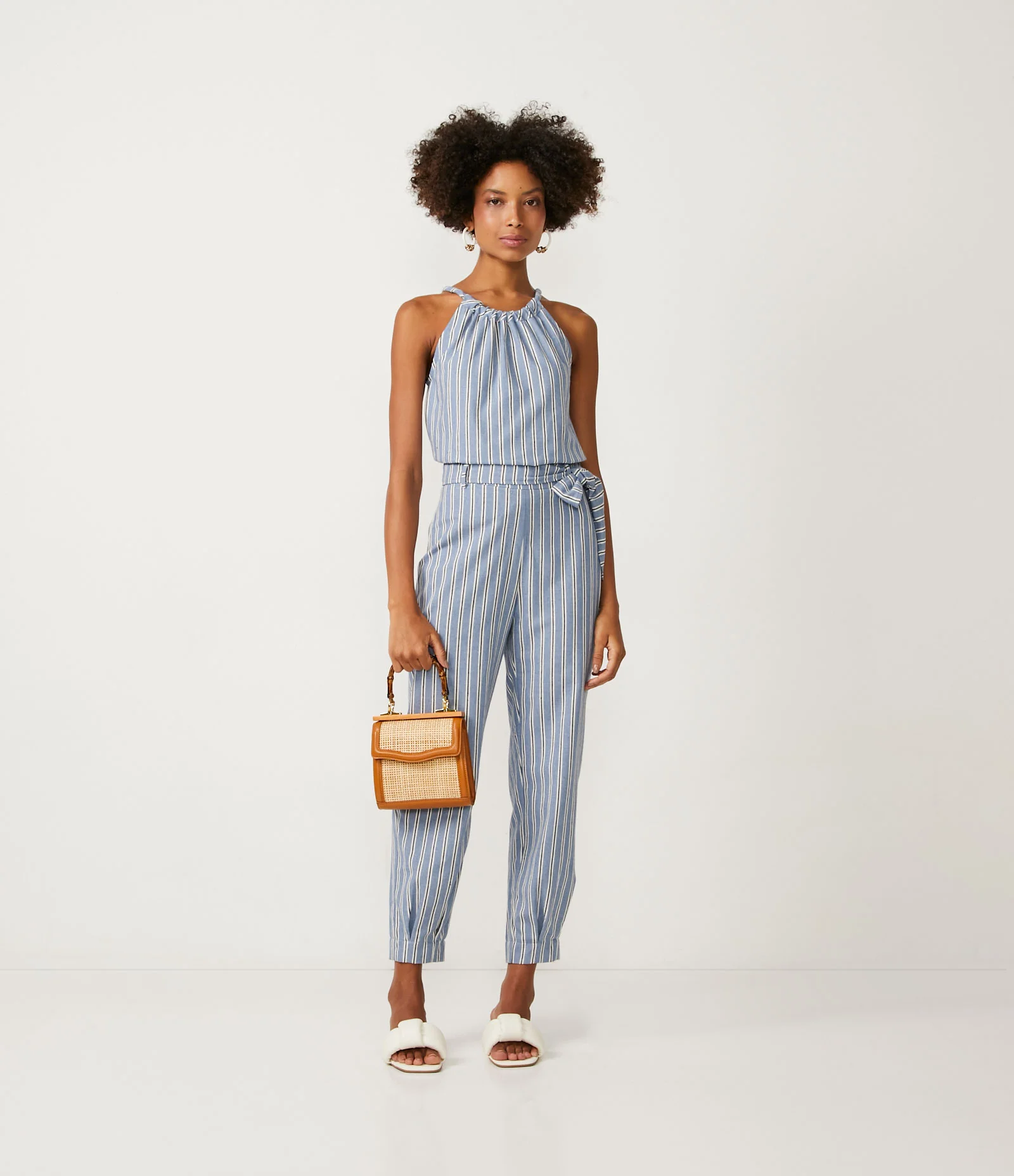 Calça Reta com Amarração na Cintura e Estampa Listrada Azul 1