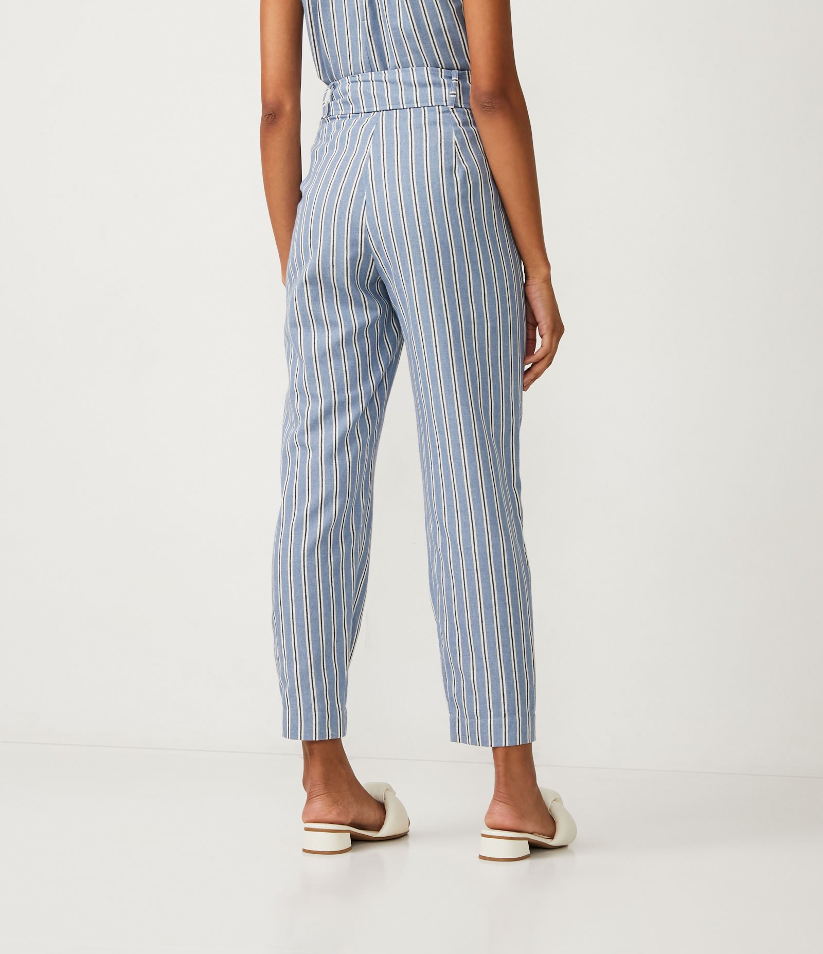 Calça Reta com Amarração na Cintura e Estampa Listrada Azul 3