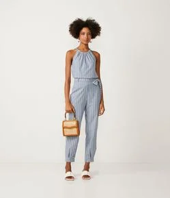 Calça Reta com Amarração na Cintura e Estampa Listrada