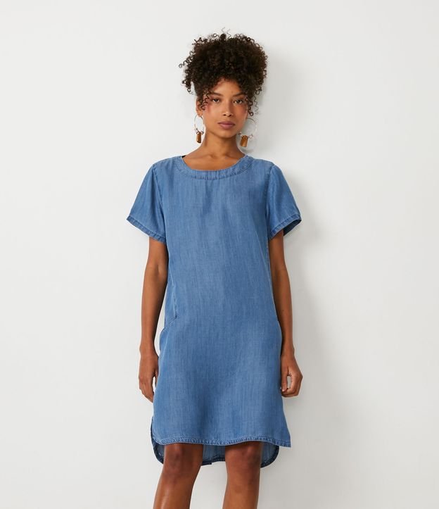 Vestido T-Shirt em Liocel com Barra Mullet - Cor: Azul Médio - Tamanho: PP
