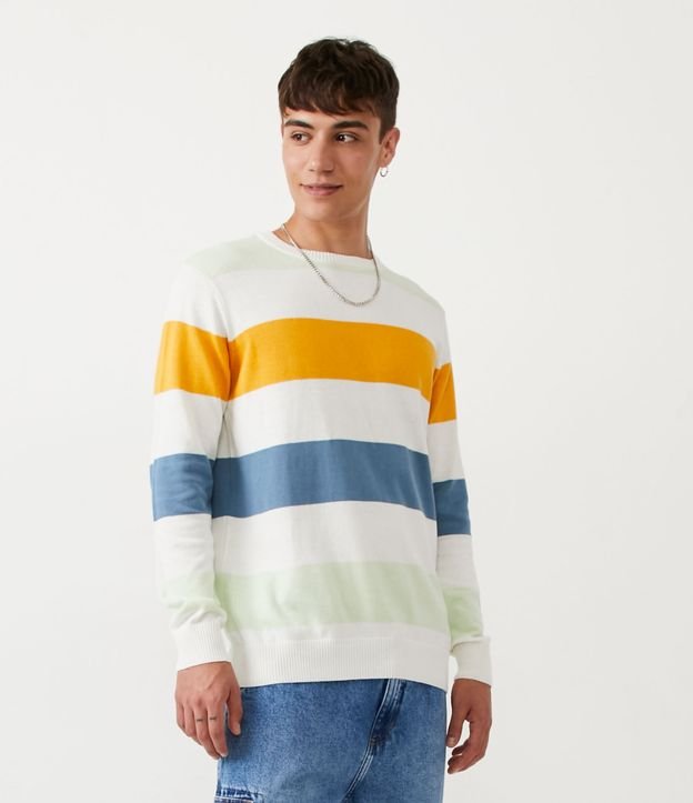 Sueter Regular en Algodón con Rayas y Puño Ajustado Beige 1