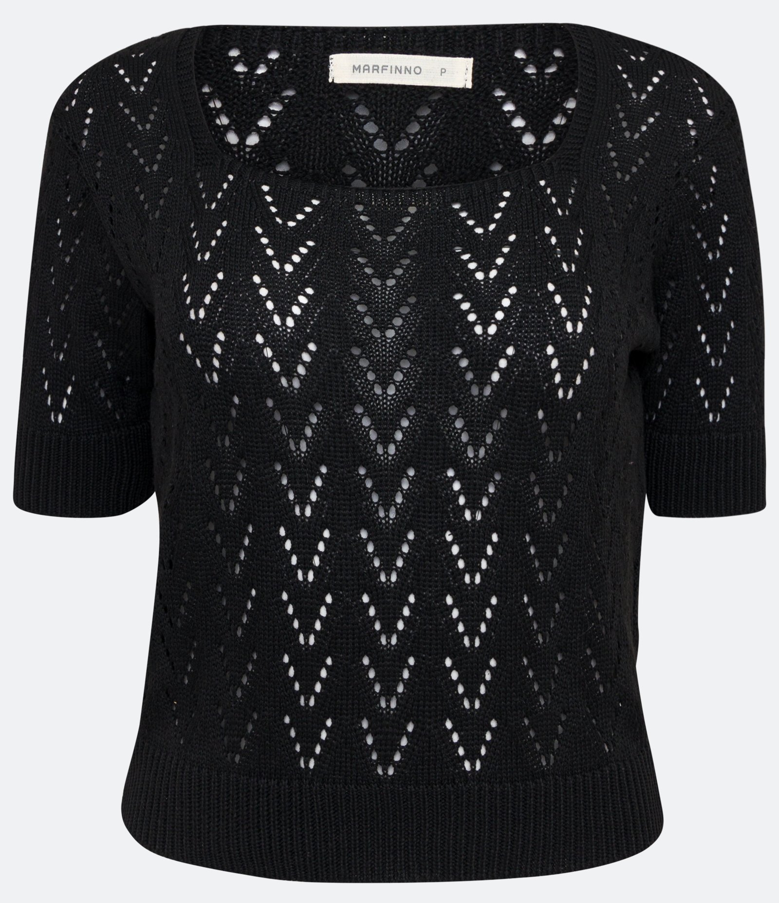 Blusa em Tricô com Manga Curta e Ponto Aberto Diferenciado Preto 1