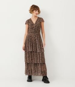 Vestido Midi em Tule com Camadas e Estampa Animal Print Onça