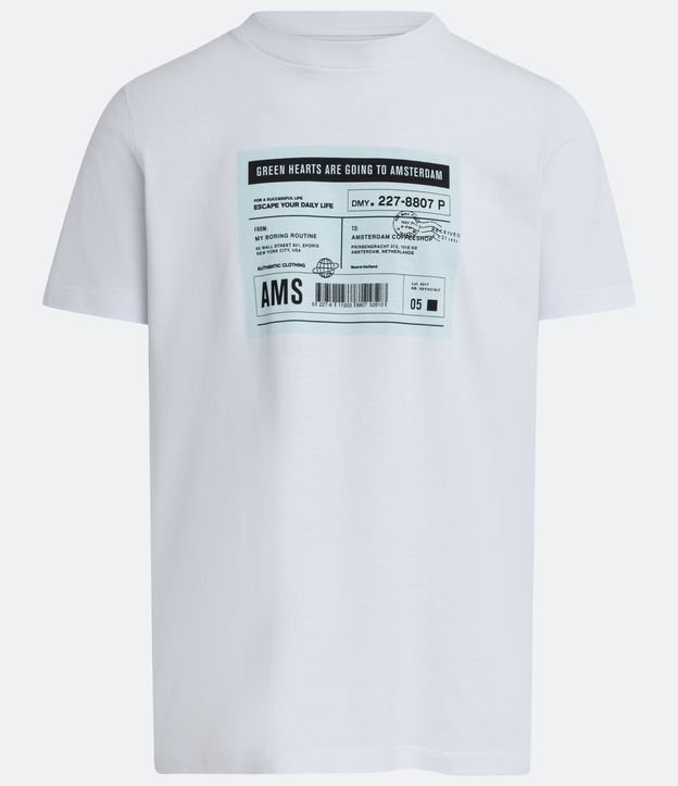 Camiseta em Algodão com Estampa de Ticket de Viagem Branco 1