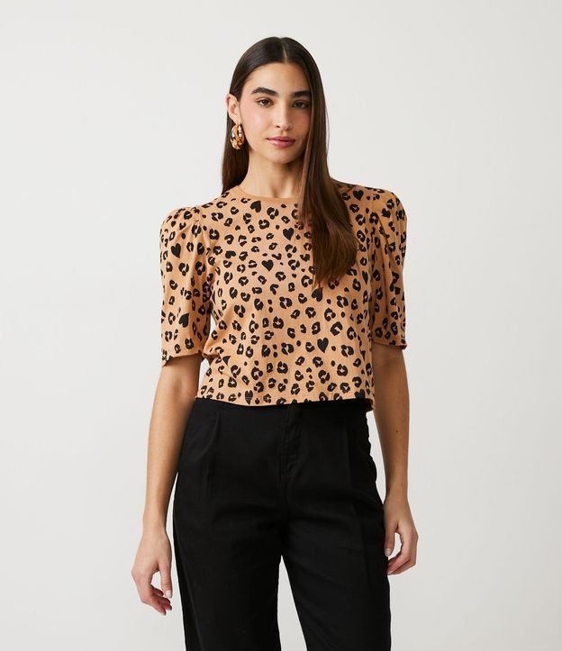 Blusa en Algodón con Manga Abullonada y Estampado Animal Print Beige 1