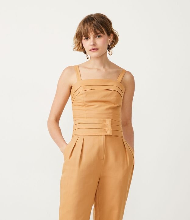 Blusa Musculosa Corta en Algodón con Pliegues y Lastex Marrón 1