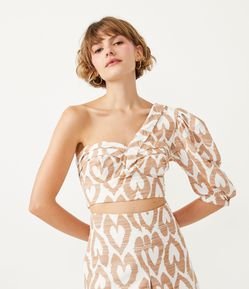 Blusa em Linho Ombro Só com Estampa Coração