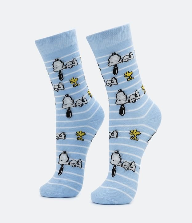 Media Caña Larga en Algodón con Estampado Snoopy y Rayas Azul 1