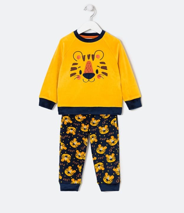 Pijama Longo Infantil em Fleece com Bordado de Tigrinho - Tam 1 a 4 Anos