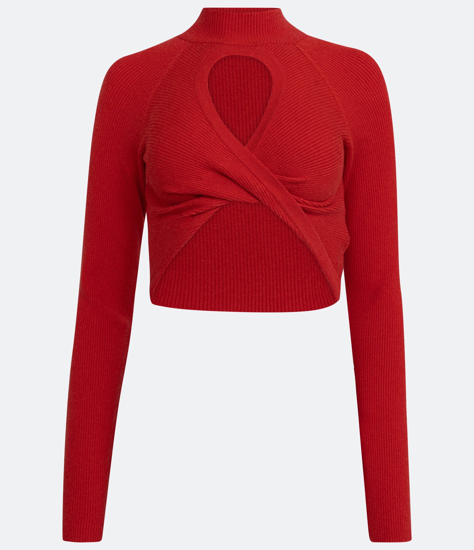 Blusa Cropped em Tricô com Gola Alta e Recorte Gota no Busto Vermelho 1