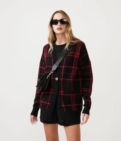 Cardigan Alargado en Punto con Estampado de Cuadros