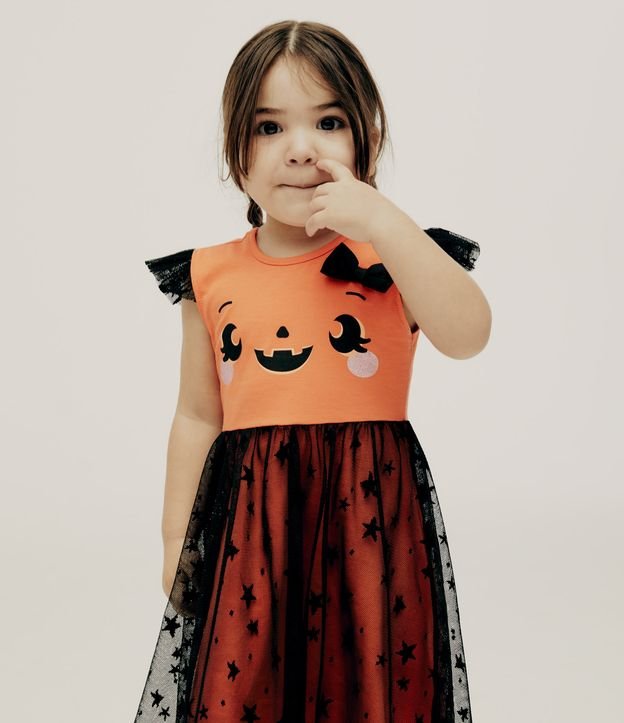 Vestido Infantil com Estampa Abóbora de Halloween - Tam 1 a 5 Anos Laranja 1