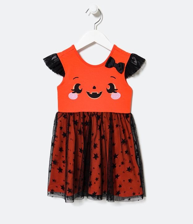 Vestido Infantil com Estampa Abóbora de Halloween - Tam 1 a 5 Anos Laranja 2