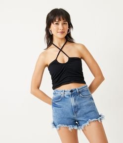 Blusa Cropped em Viscose Texturizada e Franzidos