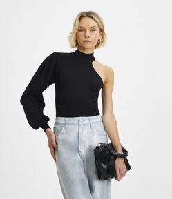 Blusa Curta em Tricô com Ombro Só e Golinha Alta