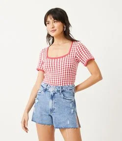 Blusa Cropped em Lã Acrílica com Mangas Curta e Listras Diferenciadas