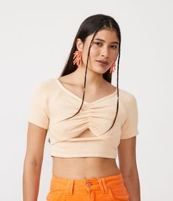 Blusa Cropped em Viscose com Manga Curta e Vazado