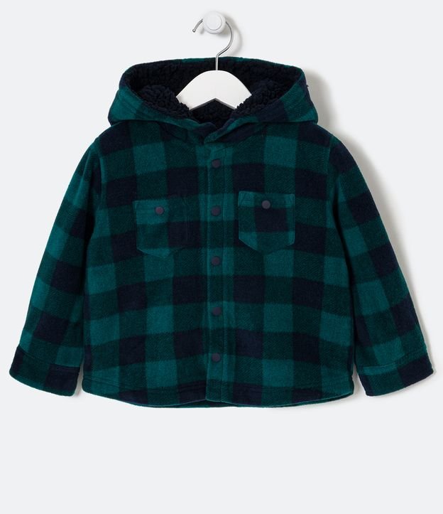 Camisa Infantil en Fleece de Cuadros con Capucha y Forro de Sherpa - Talle 2 a 5 años Verde/Azul 1