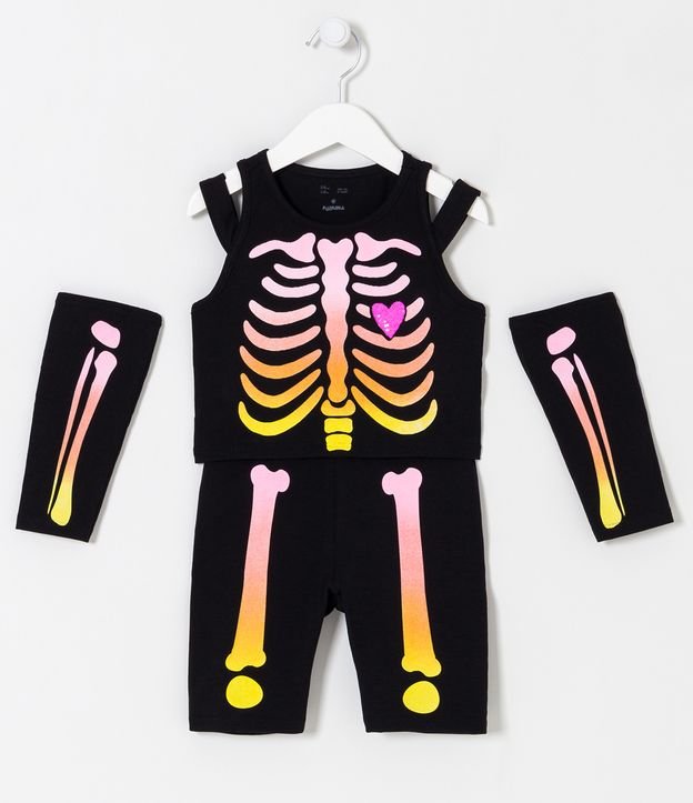Conjunto Infantil Brilha no Escuro com Estampa de Esqueleto Dip Dye - Tam 5 a 14 anos Preto 1