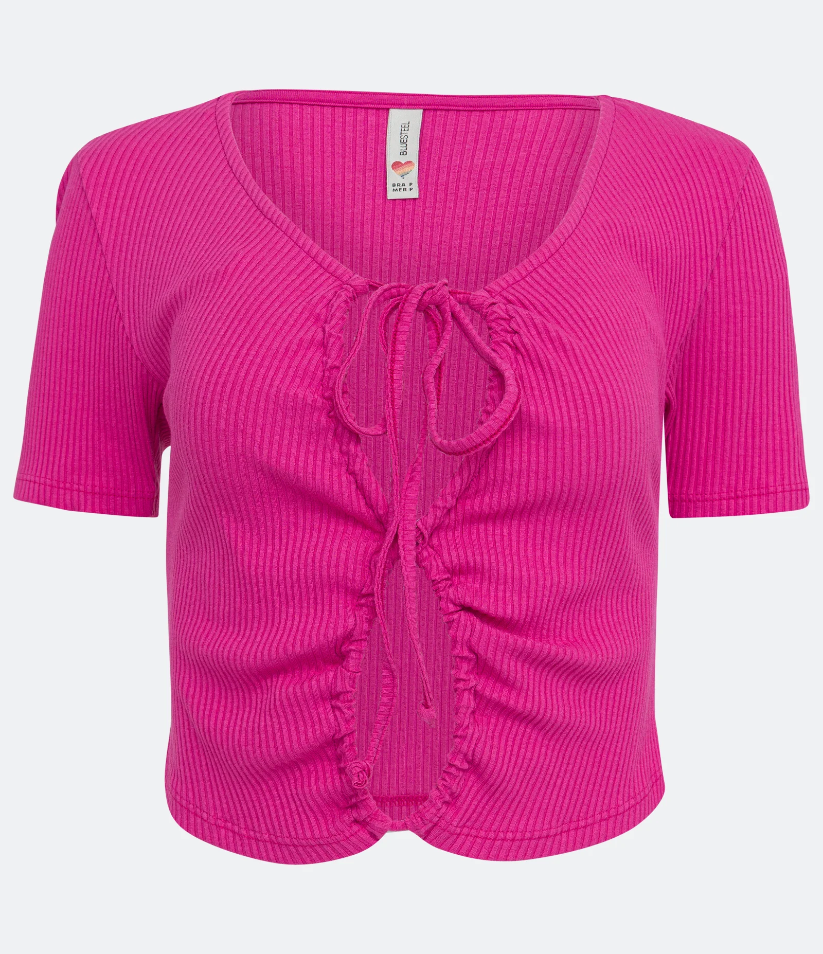Blusa Cropped em Ribana com Manga Curta e Vazado com Amarração Rosa 1