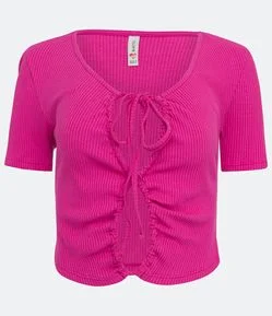 Blusa Cropped em Ribana com Manga Curta e Vazado com Amarração
