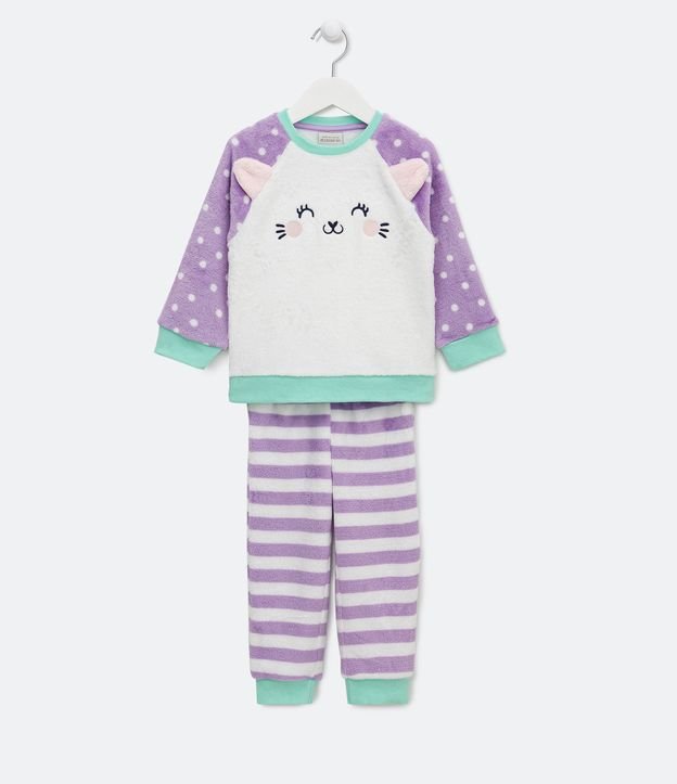 Pijama Infantil Largo con Bordado Gata - Talle 1 a 4 años Blanco/Violeta/Verde 1