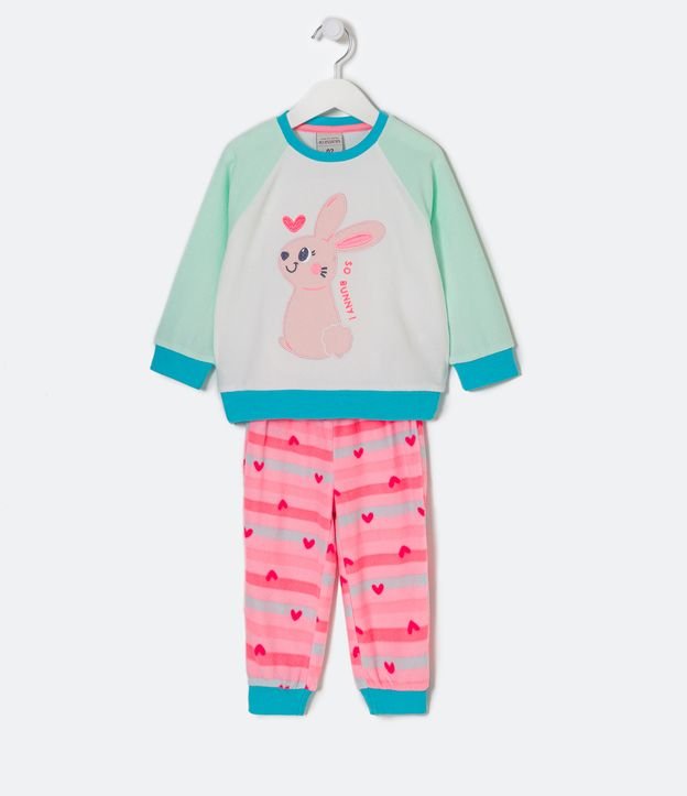 Pijama Longo Infantil em Fleece com Bordado de Coelhinho - Tam 1 a 4 Anos