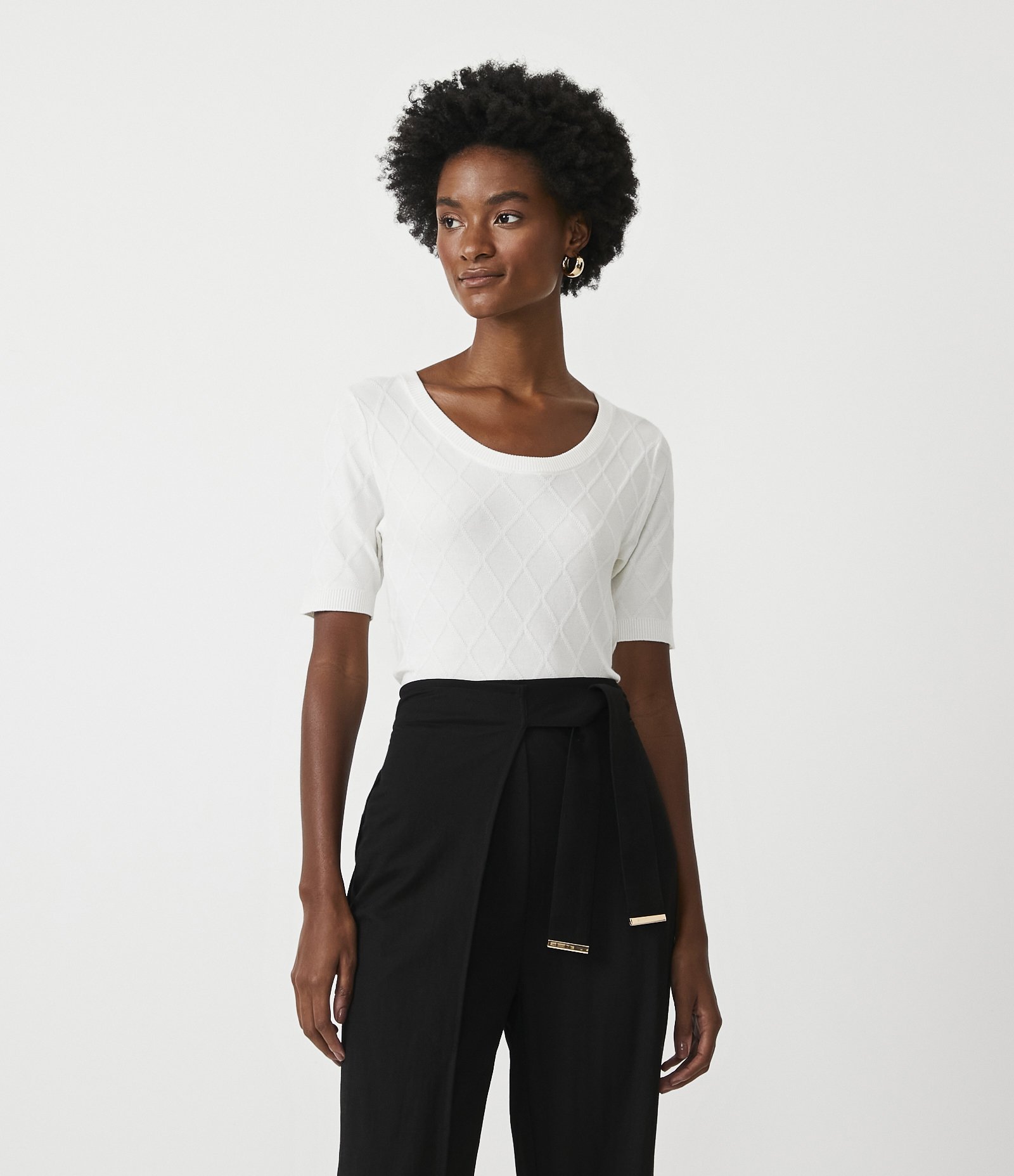 Blusa em Tricô com Losangos em Textura Branco 1