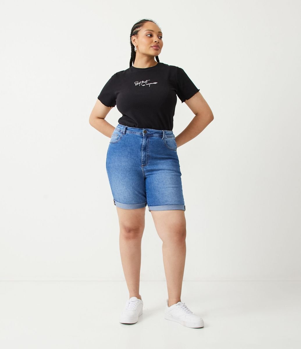 Bermuda Ciclista Branca Plus Size Jeans Feminina Cintua Alta Lycra