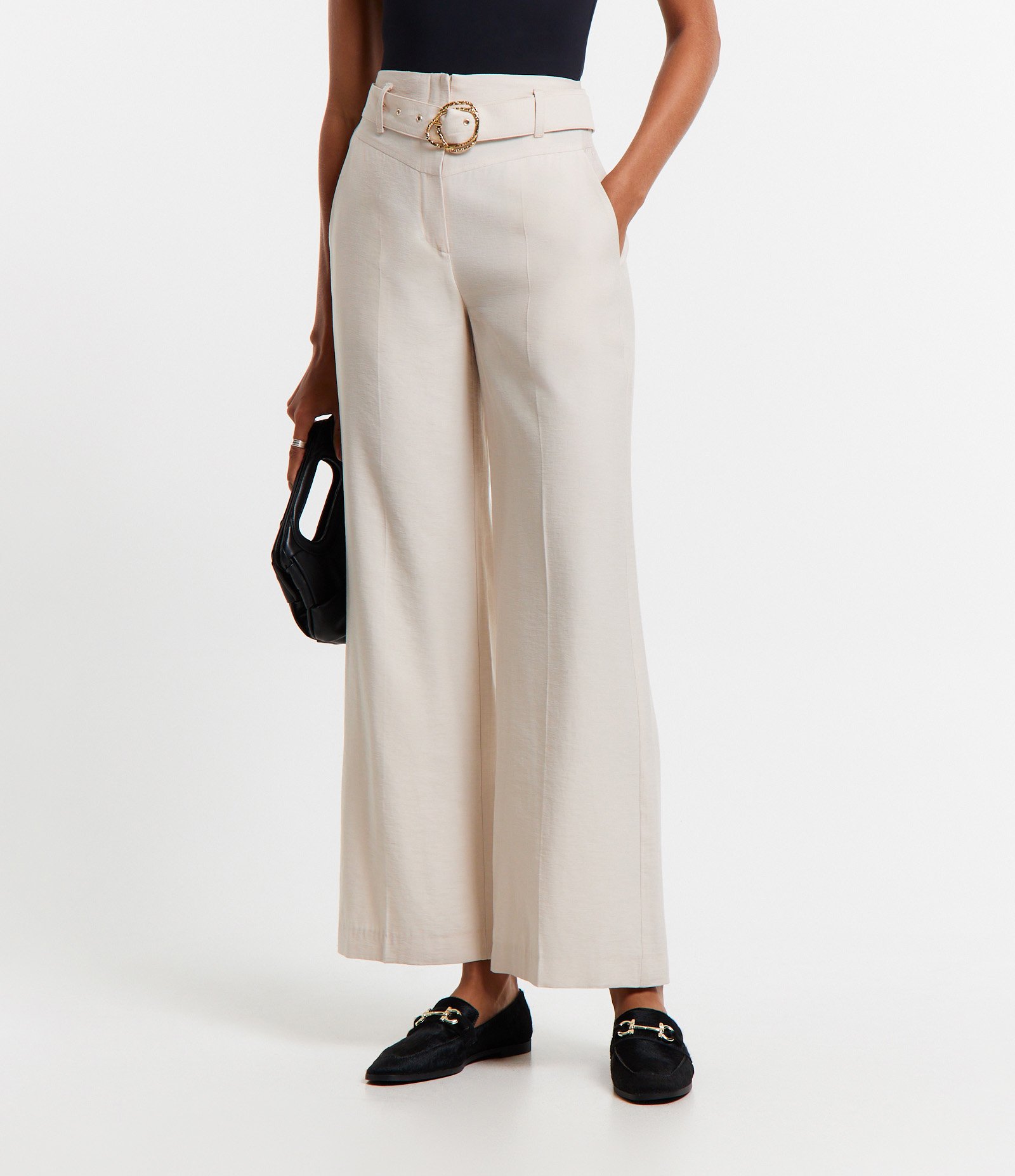 Calça Wide Leg em Viscose com Cinto Fivela Off White 3