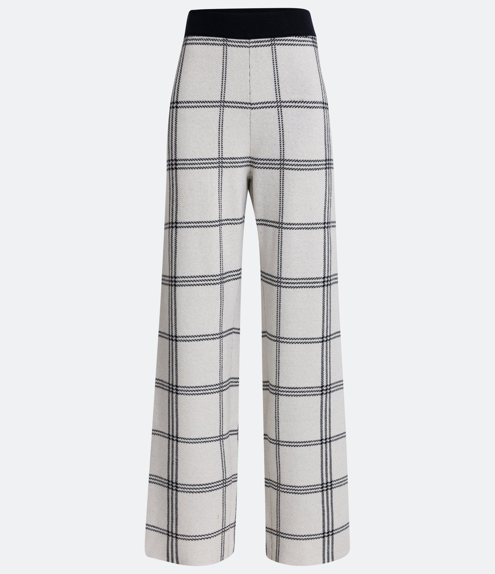 Calça Reta em Tricô com Estampa Xadrez e Cós Contrastante Bege 4