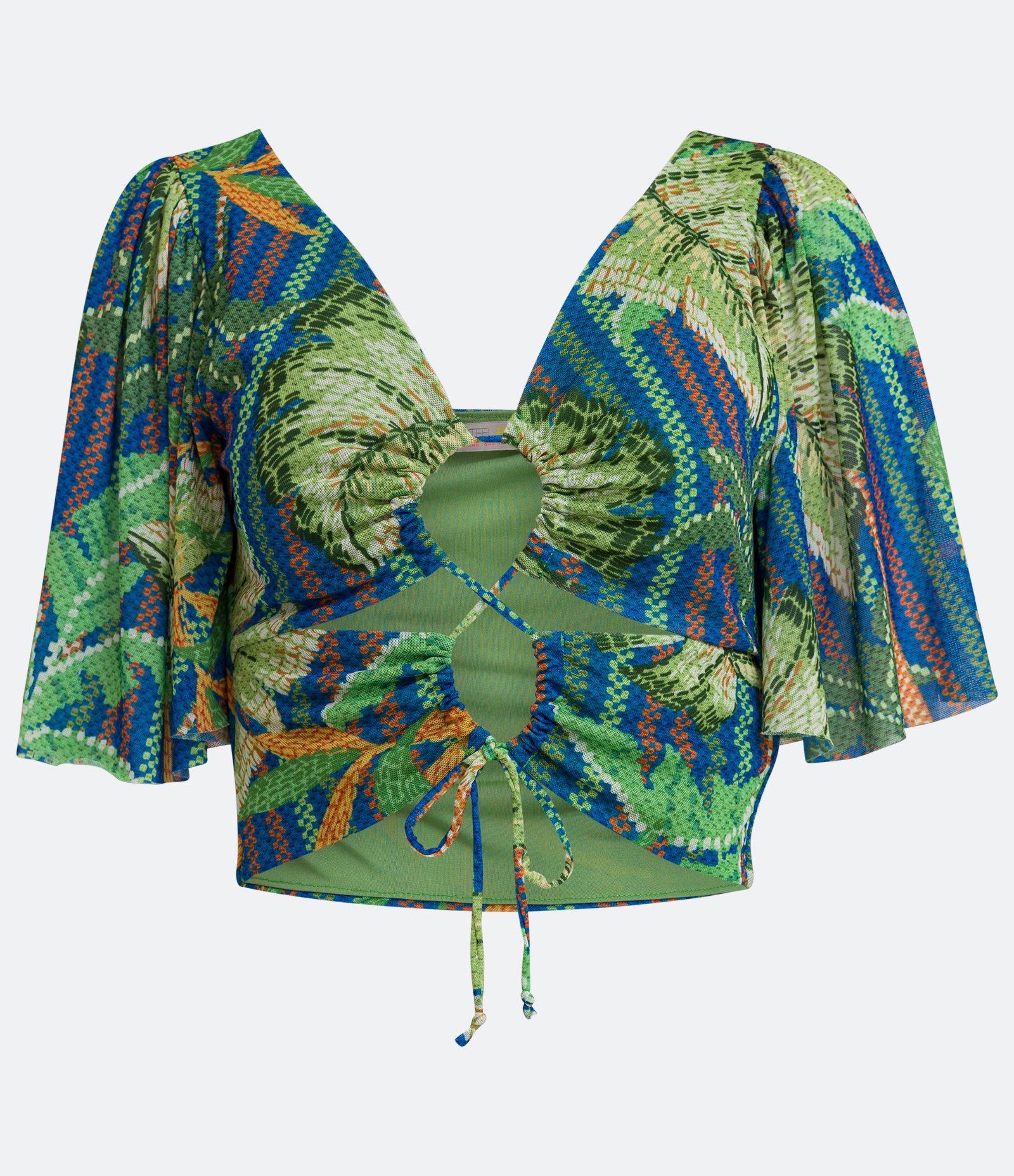 Blusa Cropped com Manga Godê e Estampa Folhagens Azul 5