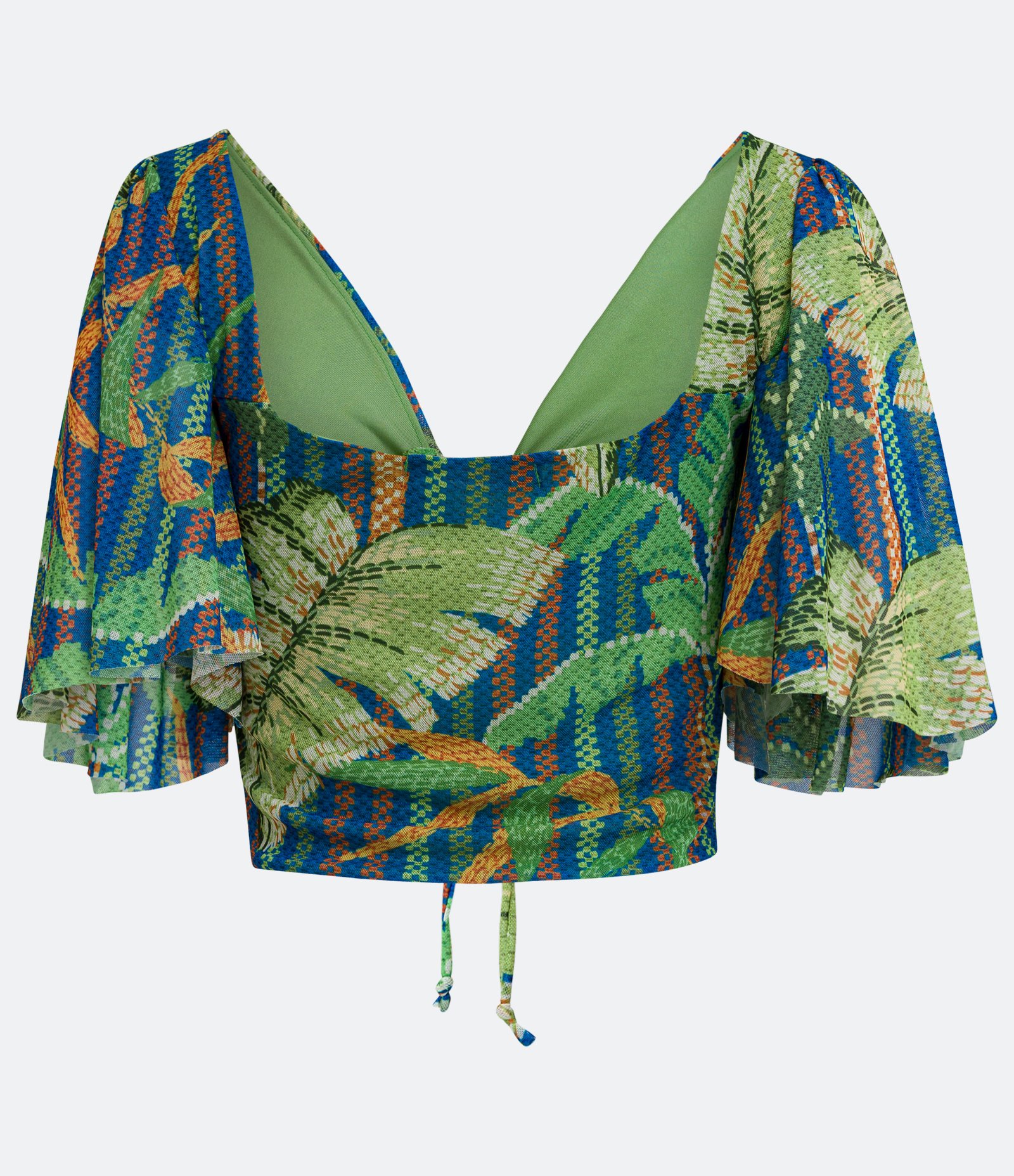 Blusa Cropped com Manga Godê e Estampa Folhagens Azul 6