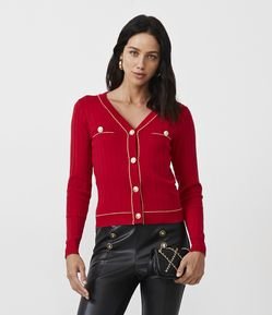 Cardigan em Tricô com Botões e Detalhe Contrastante