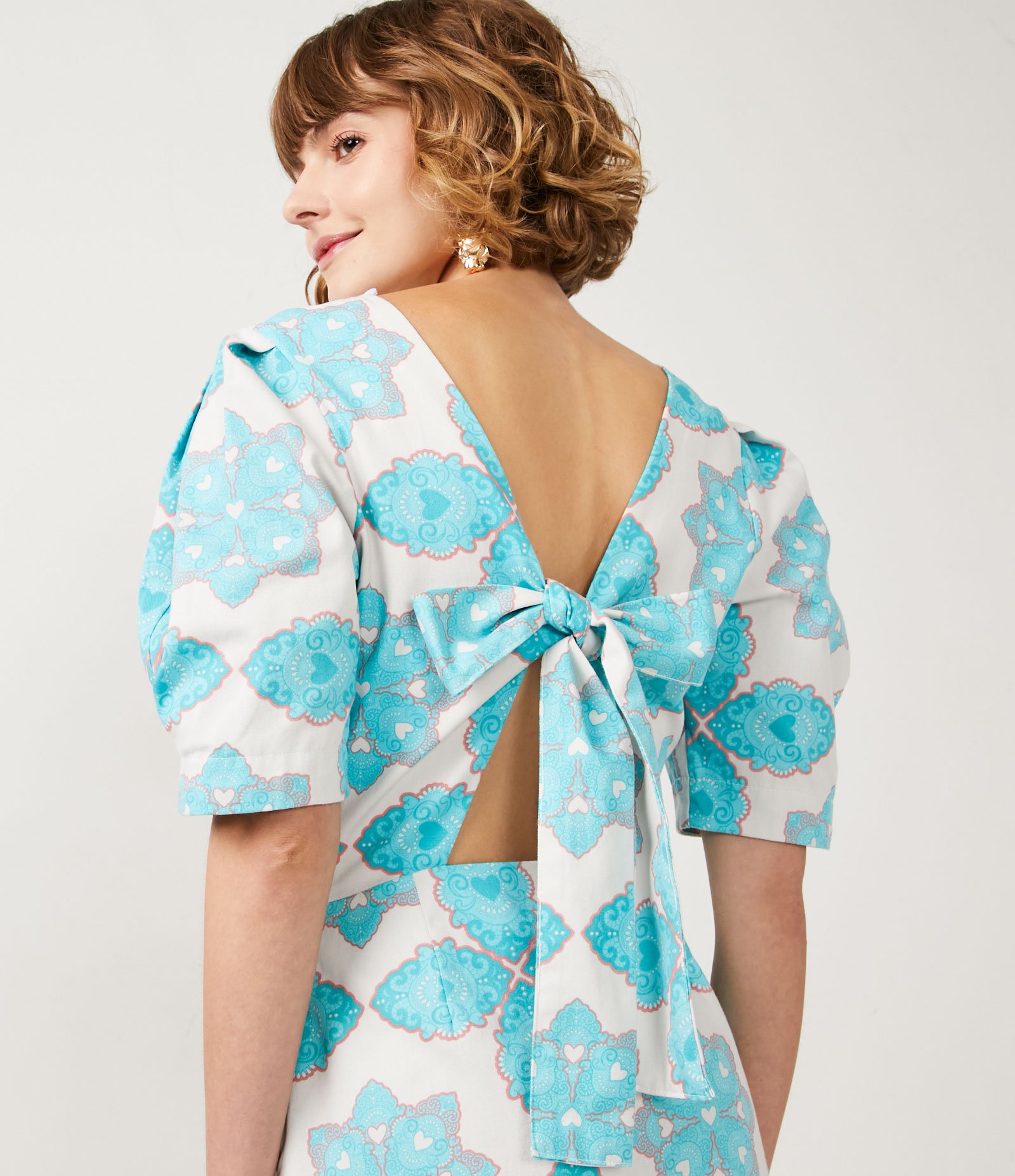 Vestido Curto em Algodão com Estampa Étnica e Amarração Azul 5