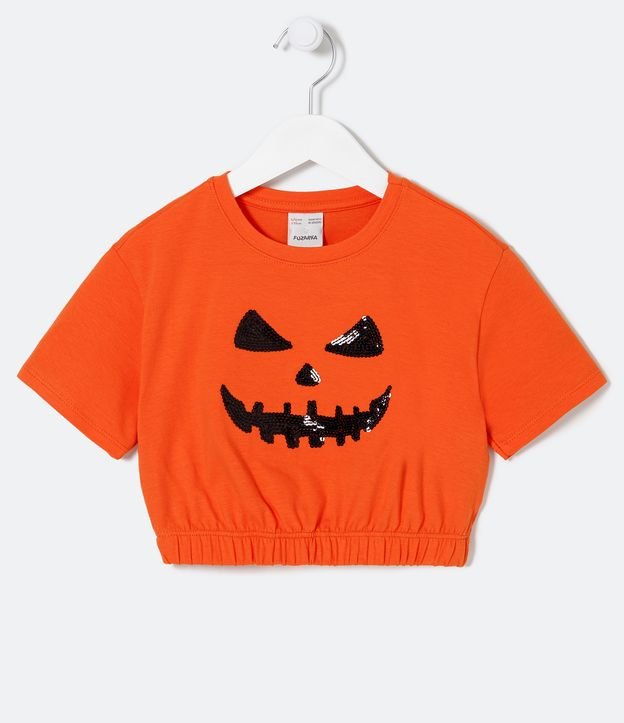 Blusa Cropped Infantil com Abóbora de Paetês - Tam 5 a 14 anos - Cor: Laranja - Tamanho: 5-6