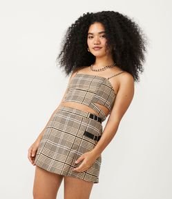 Blusa Cropped de Alça Xadrez com Lastex e Vazado na Cintura