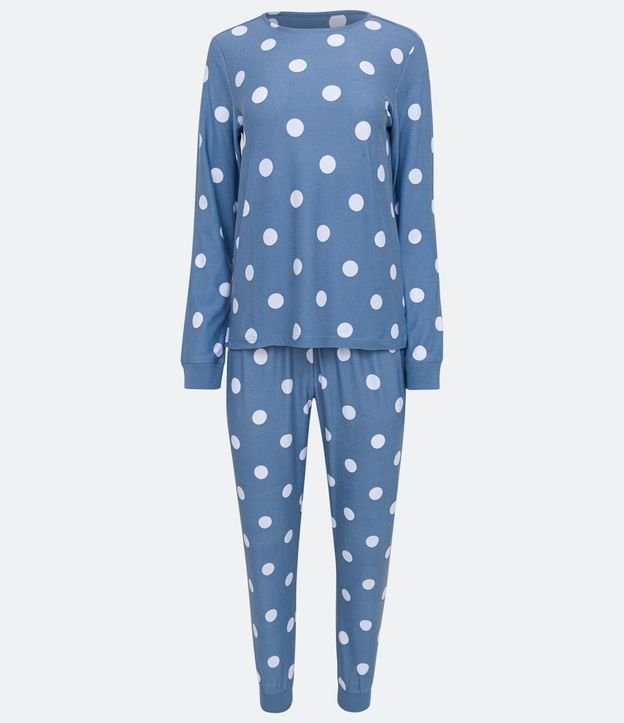 Pijama Largo con Puño Ajustado y Estampado de Lunares Azul 5