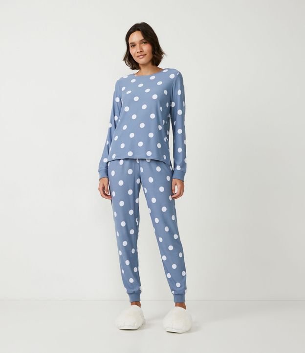 Pijama Largo con Puño Ajustado y Estampado de Lunares Azul 1