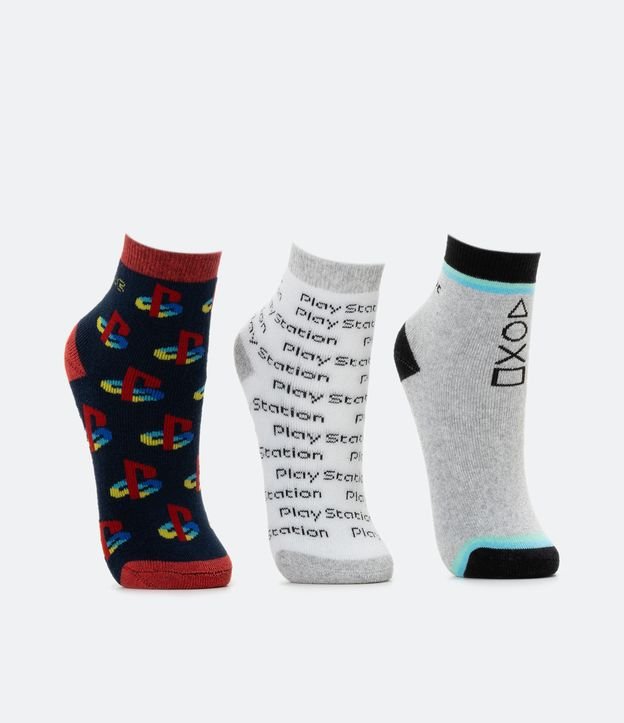 Kit 03 Pares de Medias Caño Mediano Infantil Estampado Playstation - Talle 19/22 a 31/34 Gris/Blanco/Azul 2