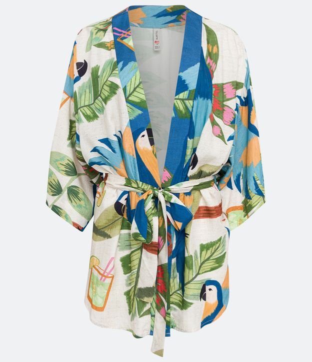 Kimono Alargado en Viscosa con Estampado Tropical Beige 5