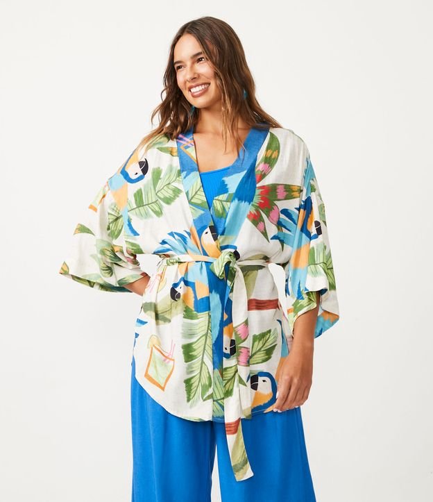 Kimono Alargado en Viscosa con Estampado Tropical Beige 1