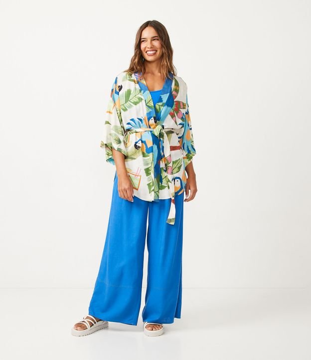 Kimono Alargado en Viscosa con Estampado Tropical Beige 2