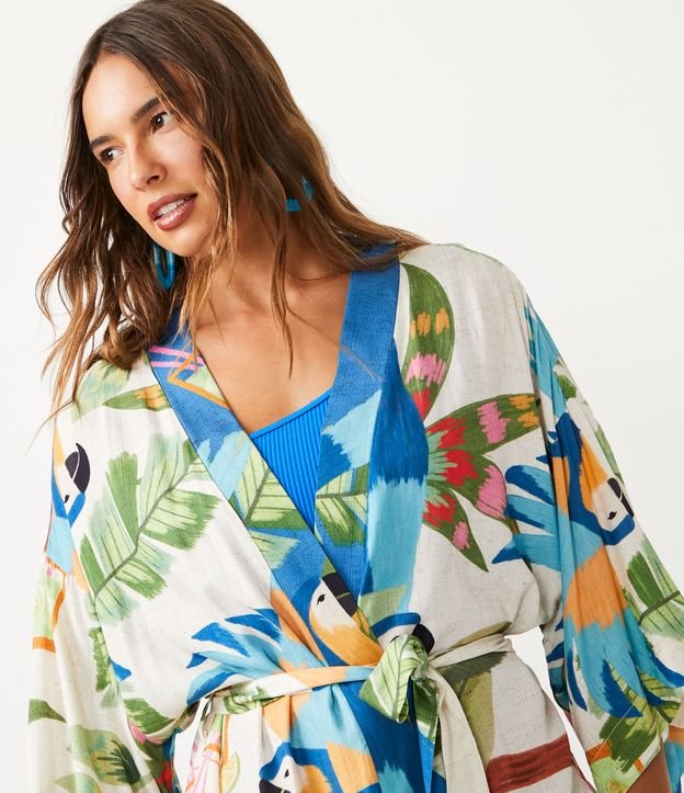 Kimono Alargado en Viscosa con Estampado Tropical Beige 4
