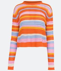 Blusão em Tricô com Pontos Vazados e Listras Coloridas